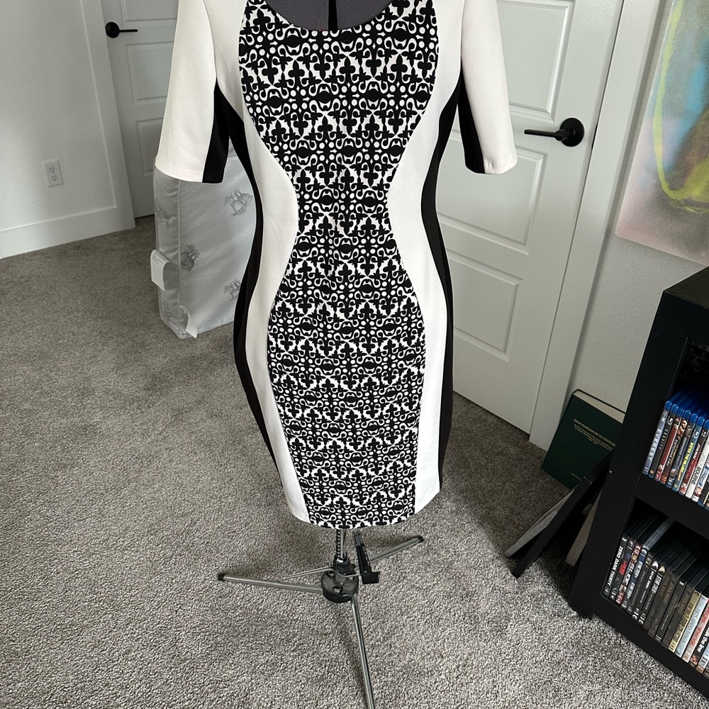 Roz & Ali Black and White Midi Dress 3/4 Sleeve Crew Neck